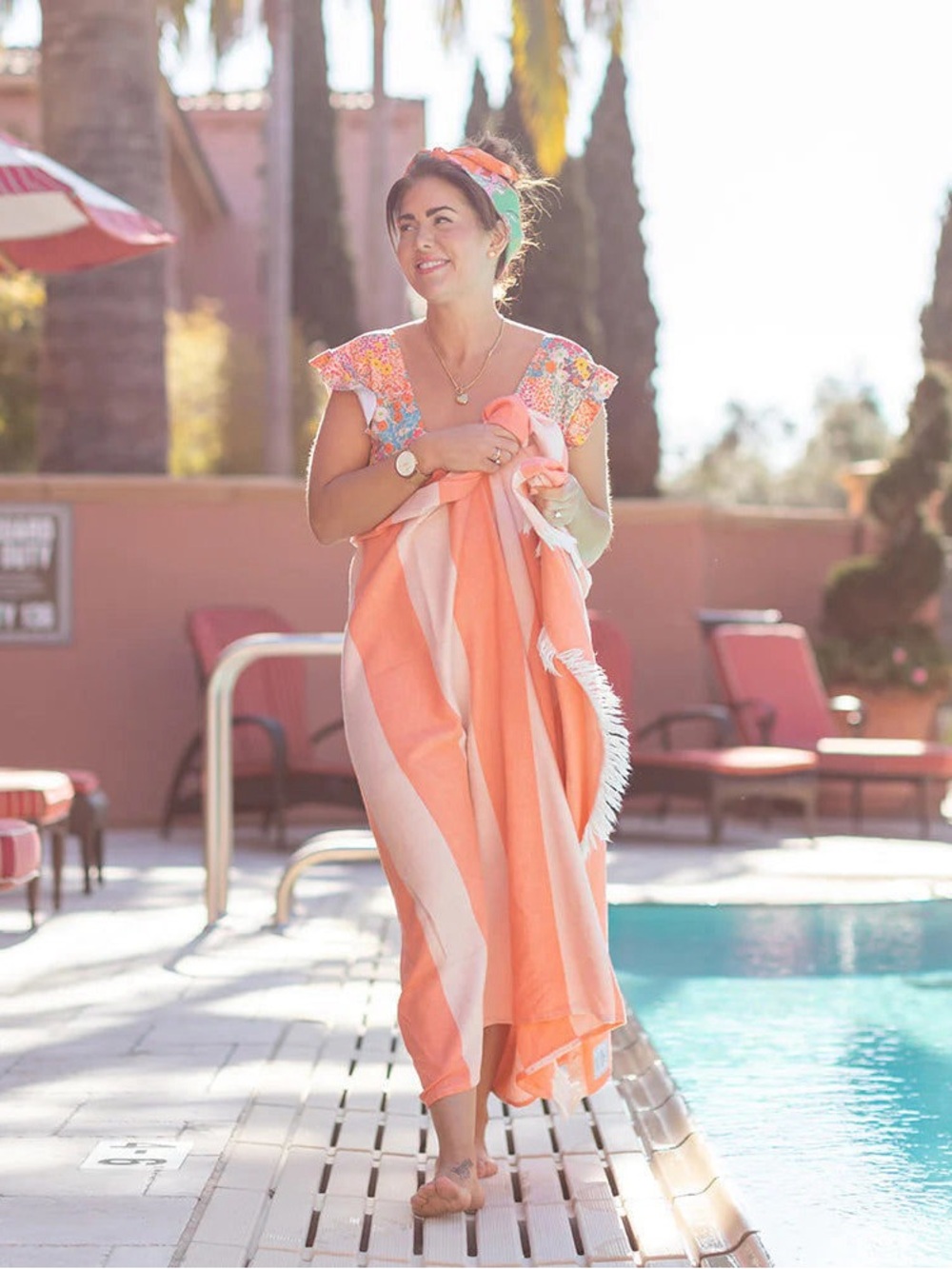 Jillian Harris x Tofino Towel Coral Stripe Organic Cotton Throw Blanket
